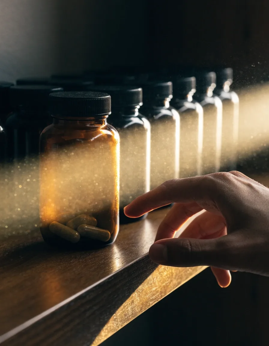 Unlabeled supplement bottles lined along a shelf in low warm light