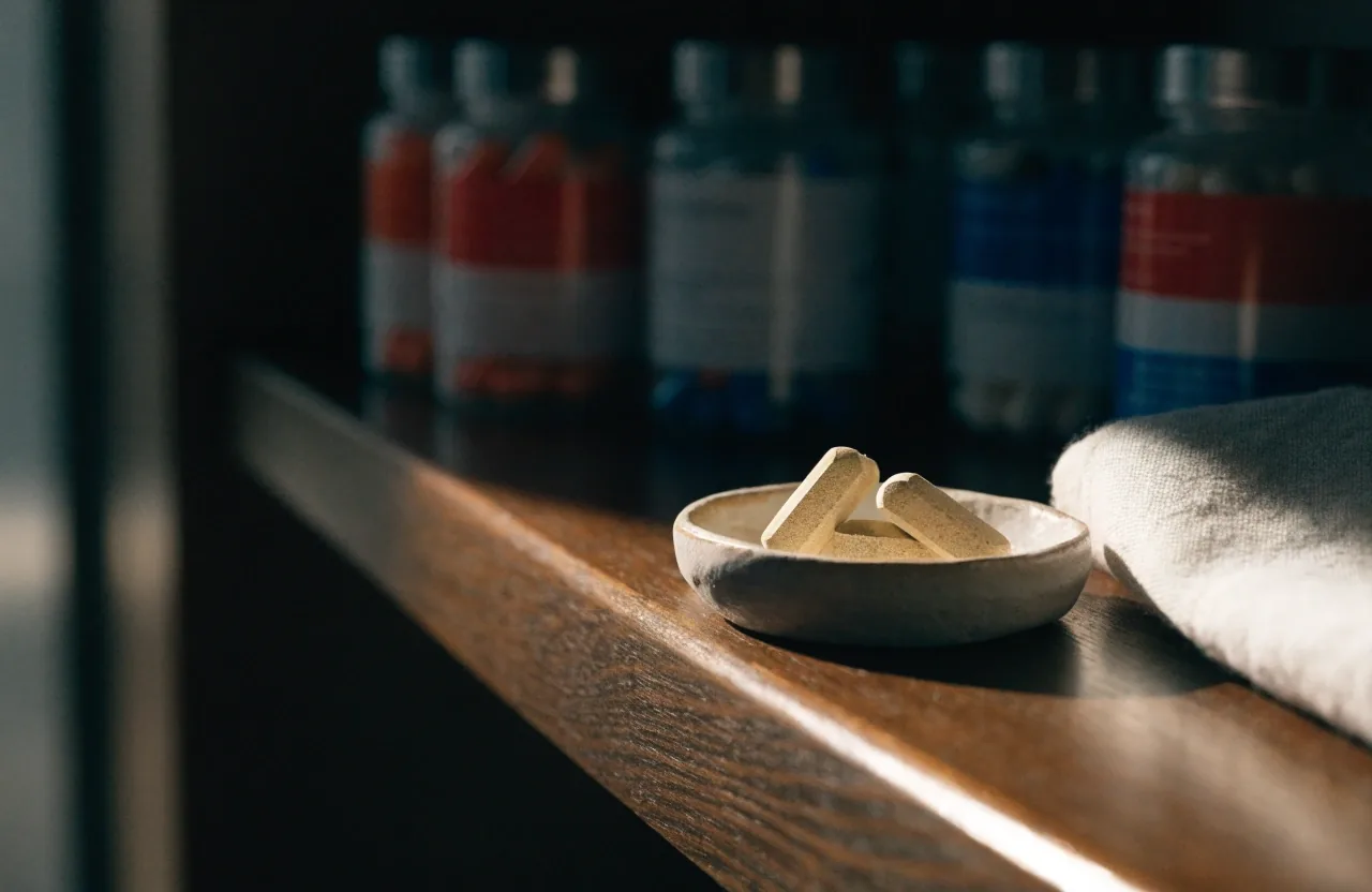 Capsules laid out on a dark table at the PerkasaVita editorial workspace in Bandung