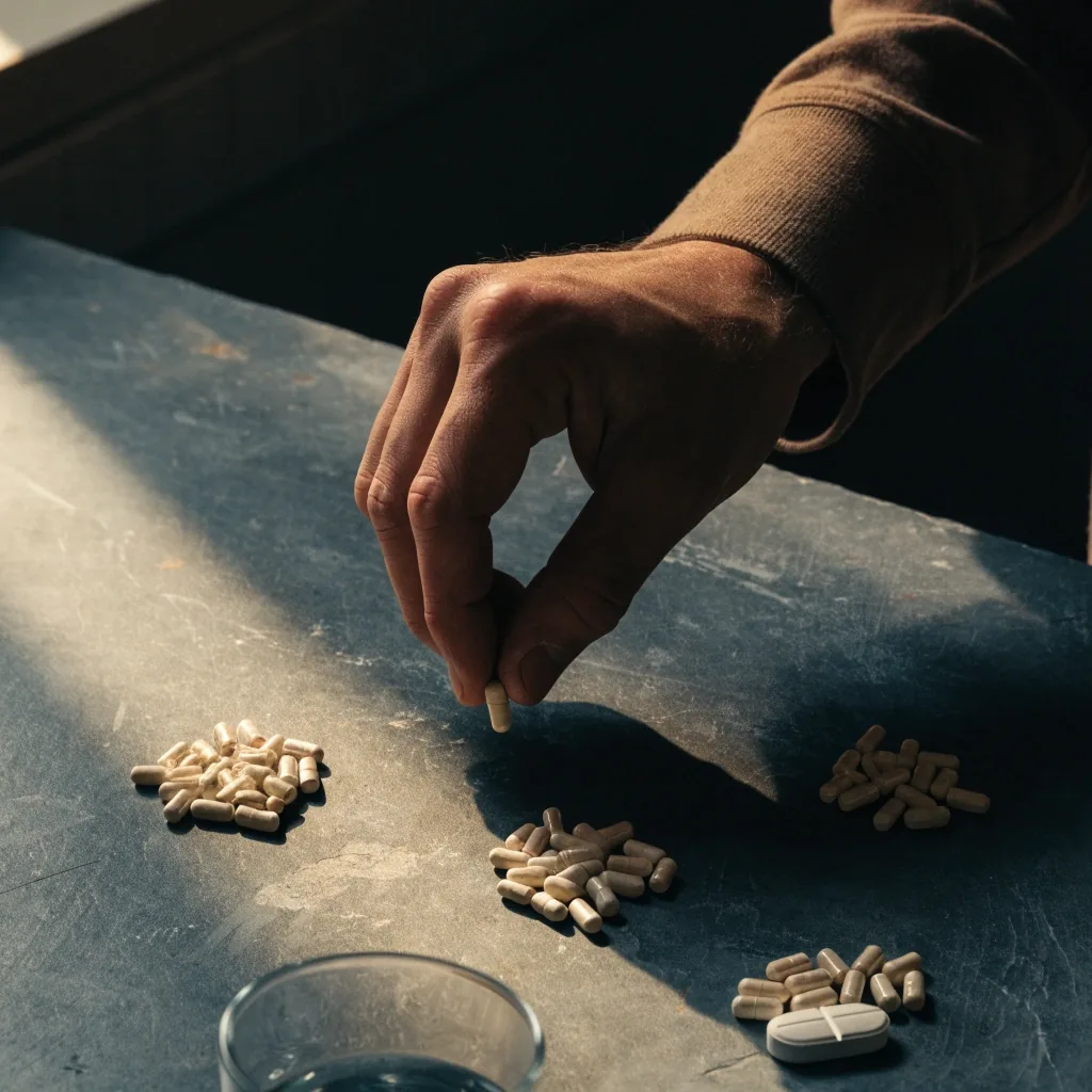 Capsules and one tablet arranged on a matte countertop with water nearby under a raking light