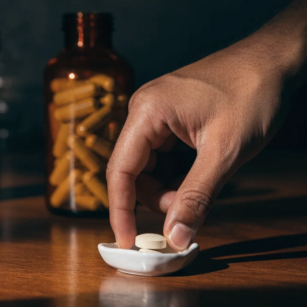 Early-morning kitchen counter with an open capsule jar and a hand at the frame edge under warm raking light