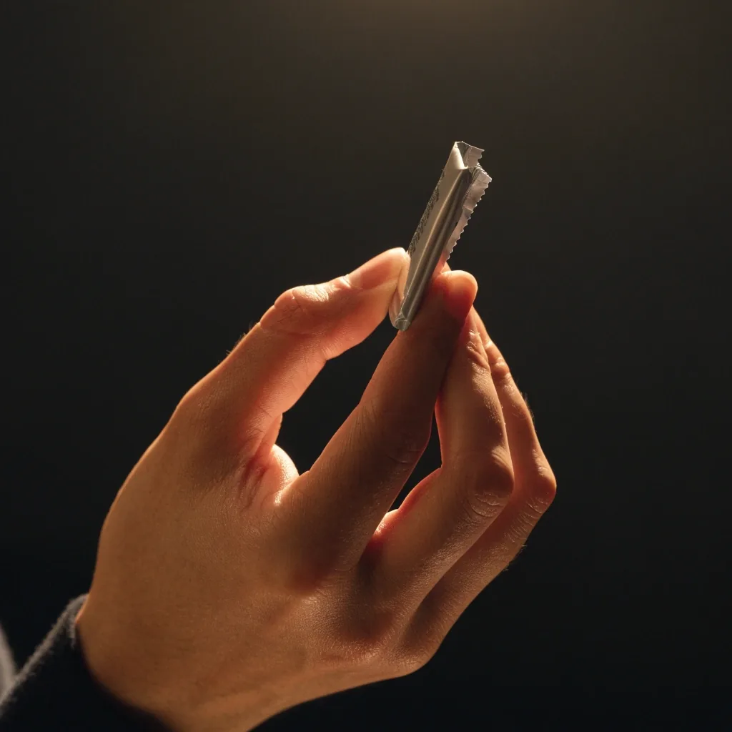 Hand turning a small unmarked supplement pack over toward a raking warm light on a dark background