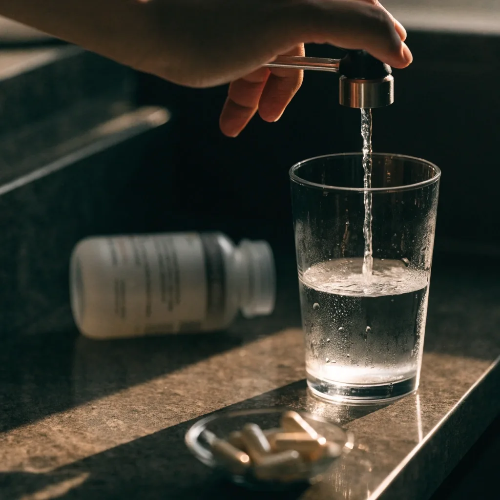 Hand pouring water from a glass pitcher into a drinking glass on a dark countertop