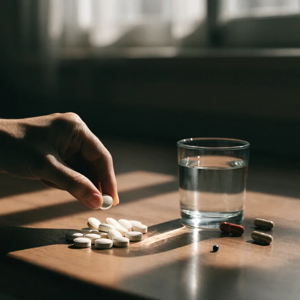 Morning kitchen counter with a glass of water, capsules of different sizes, and a hand mid-reach