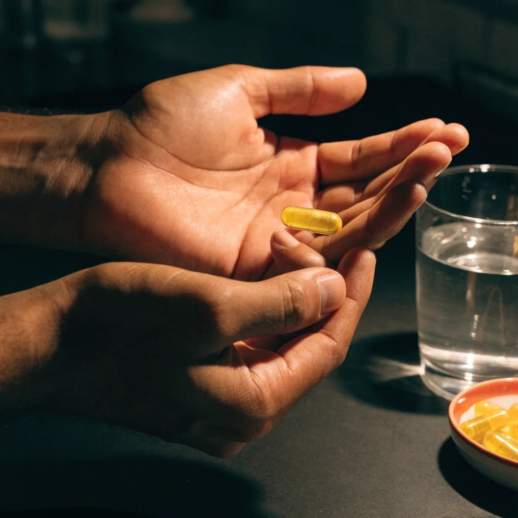 Two cupped hands holding a capsule over a counter at night beside a glass of water