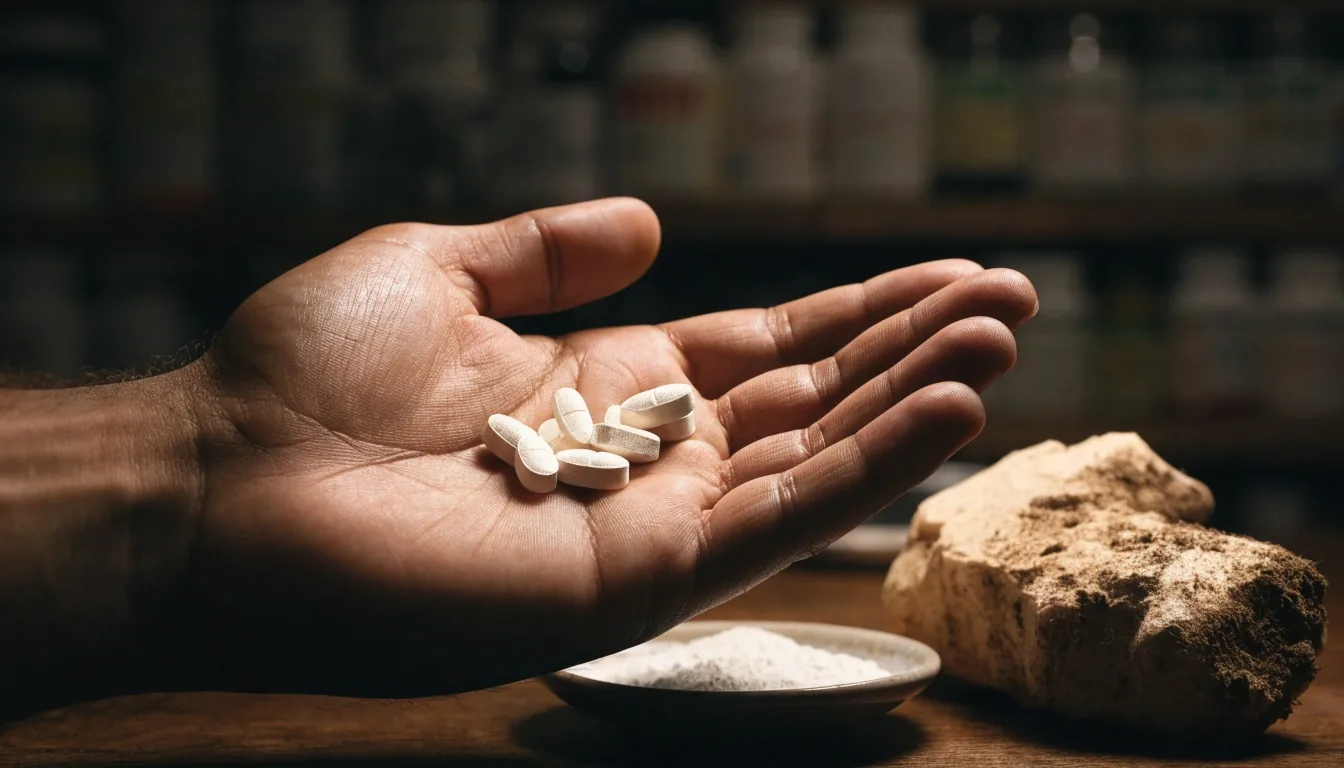 A supplement capsule held between two cupped hands under a single warm raking light, a shelf edge blurred behind