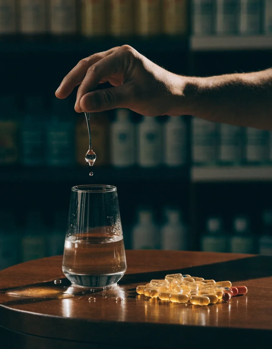 Capsules of different sizes laid out beside a glass of water under warm side light