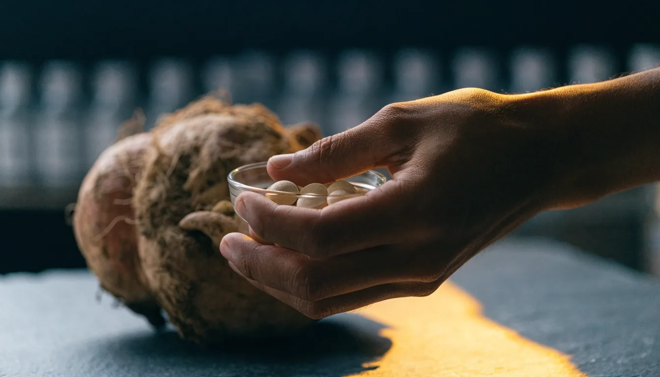 Macro view of a men's multivitamin tablet lit by a single warm raking light