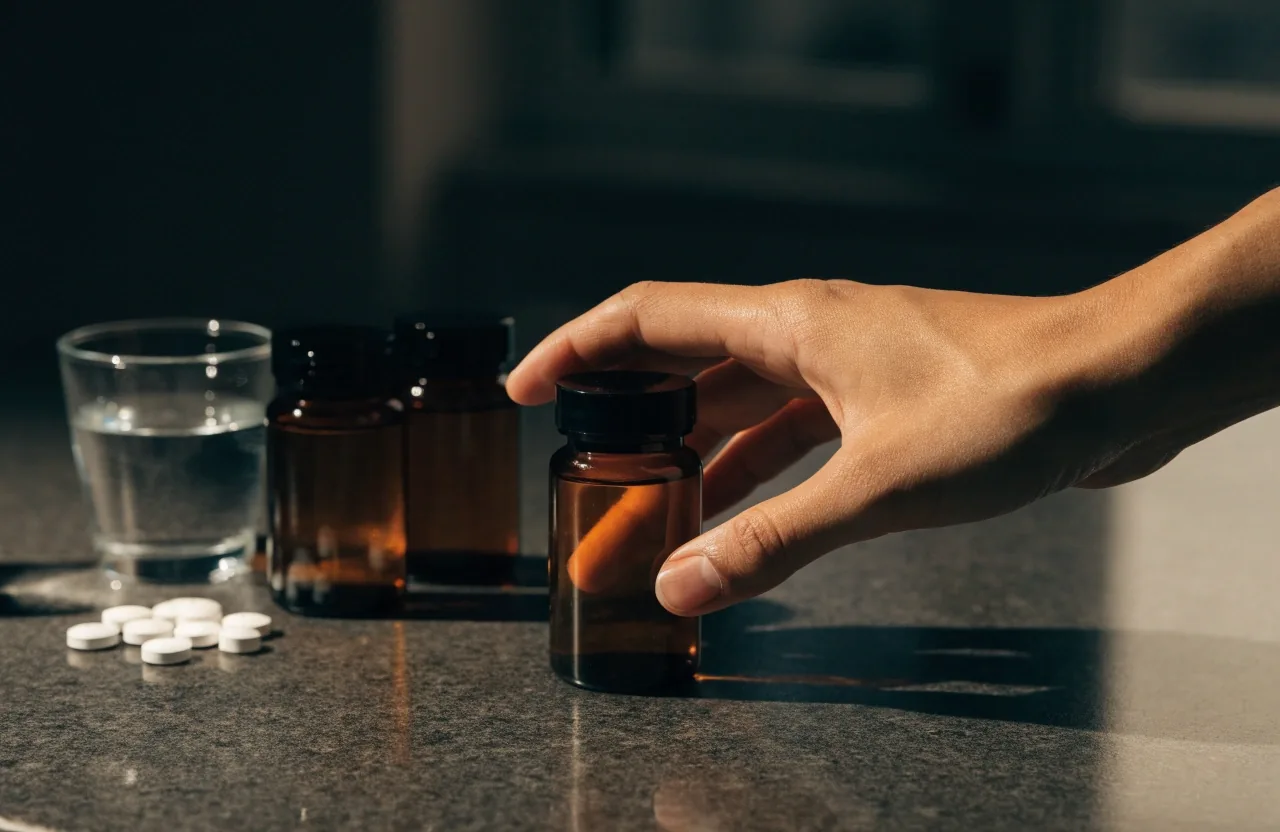 Unbranded supplement bottles arranged in a line on a dark shelf under warm raking light