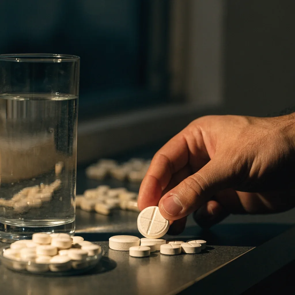 Three separate piles of capsules of different sizes on a dark countertop at morning, a glass of water beside them